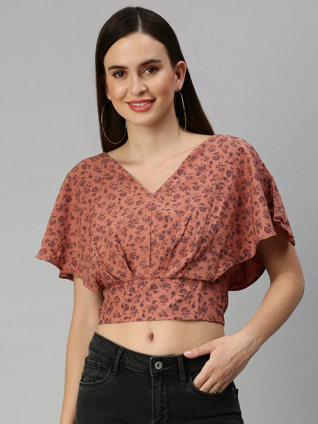 Women's Brown Printed Crop Tops