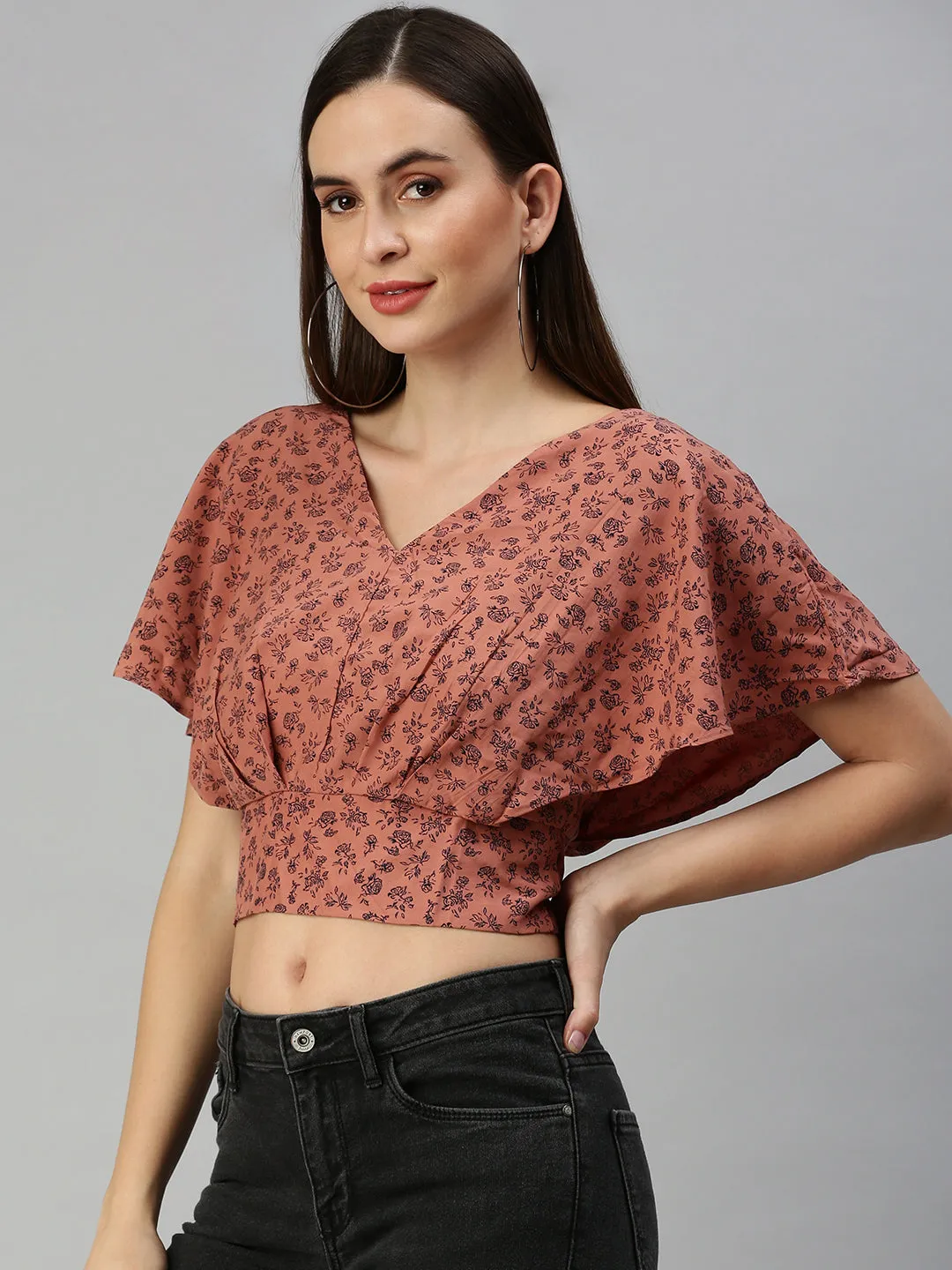 Women's Brown Printed Crop Tops