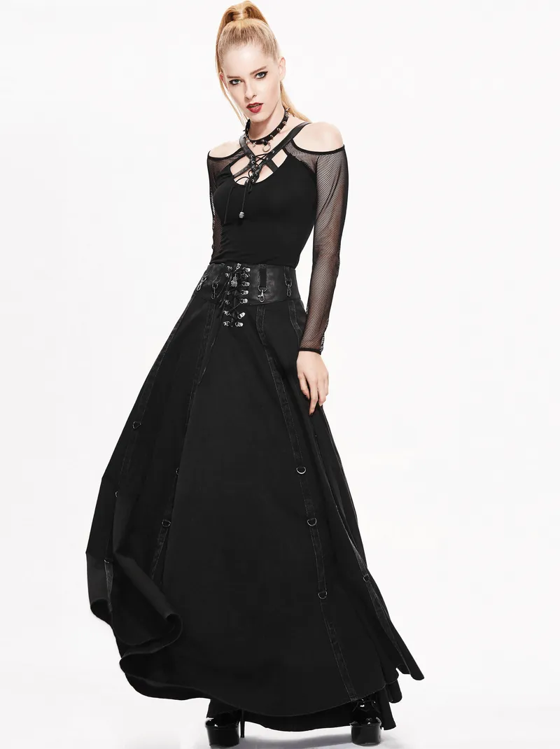 Women's Cotton Long Skirts / Steampunk Gothic Black High Waist Skirts