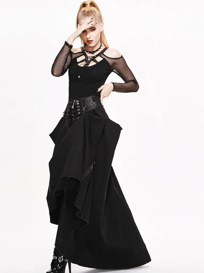 Women's Cotton Long Skirts / Steampunk Gothic Black High Waist Skirts