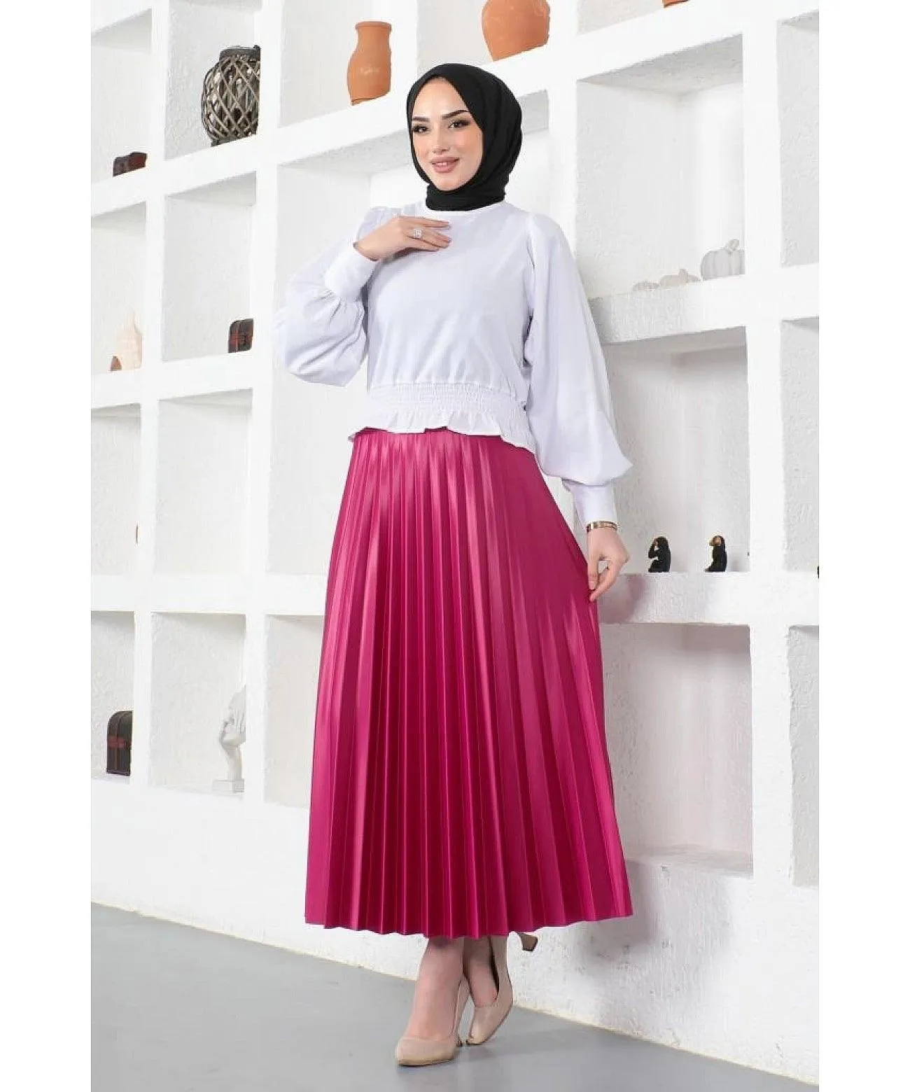 Womens Pleated Maxi Long Skirt - Fuschia Pink