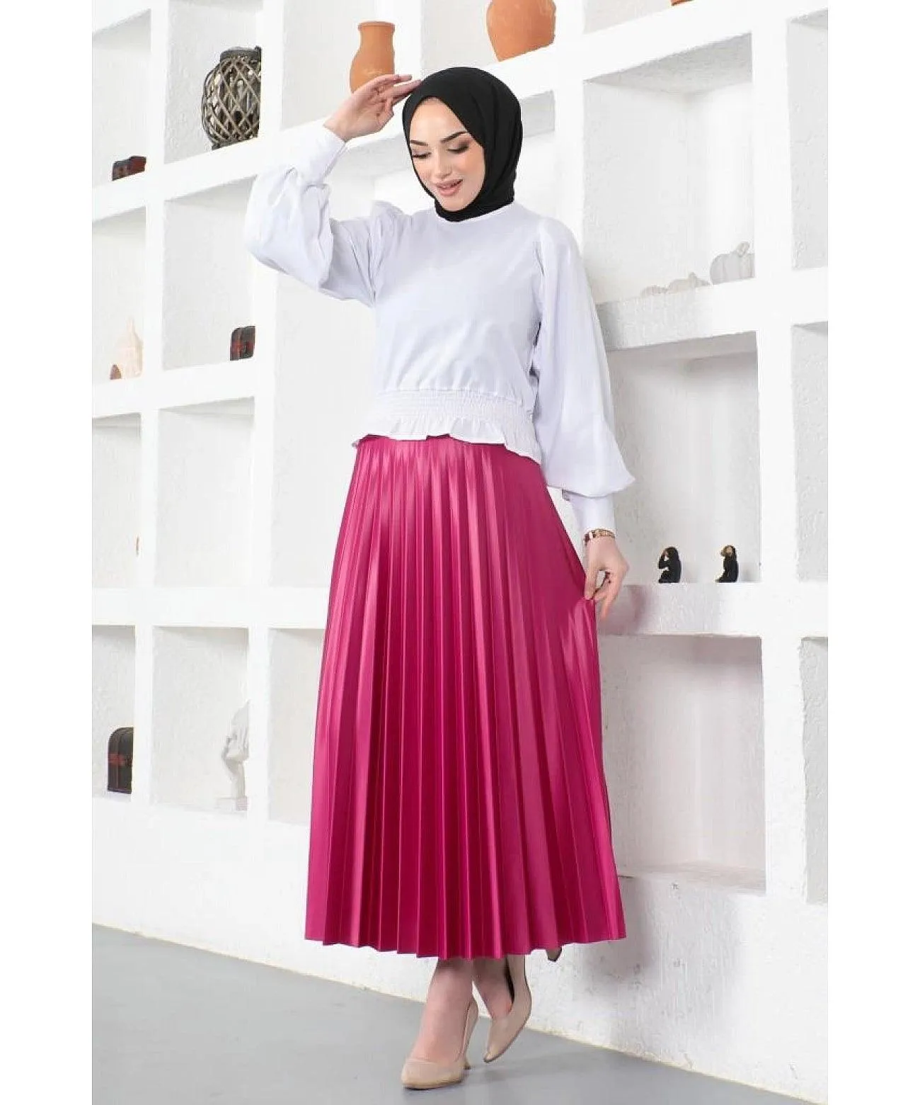 Womens Pleated Maxi Long Skirt - Fuschia Pink