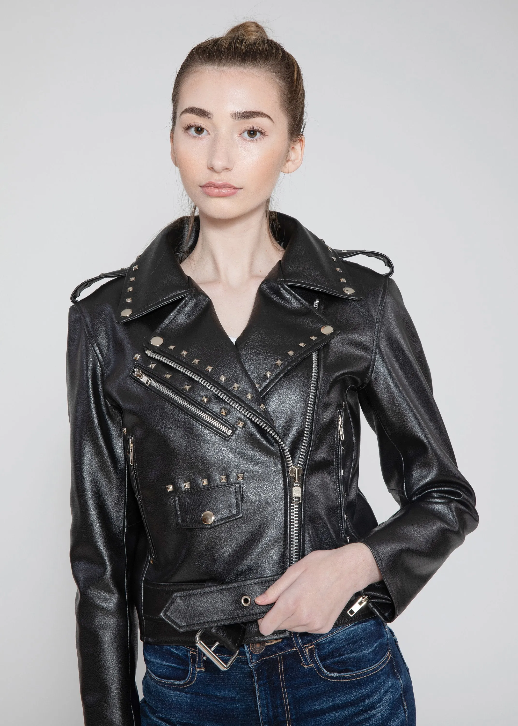 Women's Vegan Square Studded Black Moto Style Faux Leather Jacket