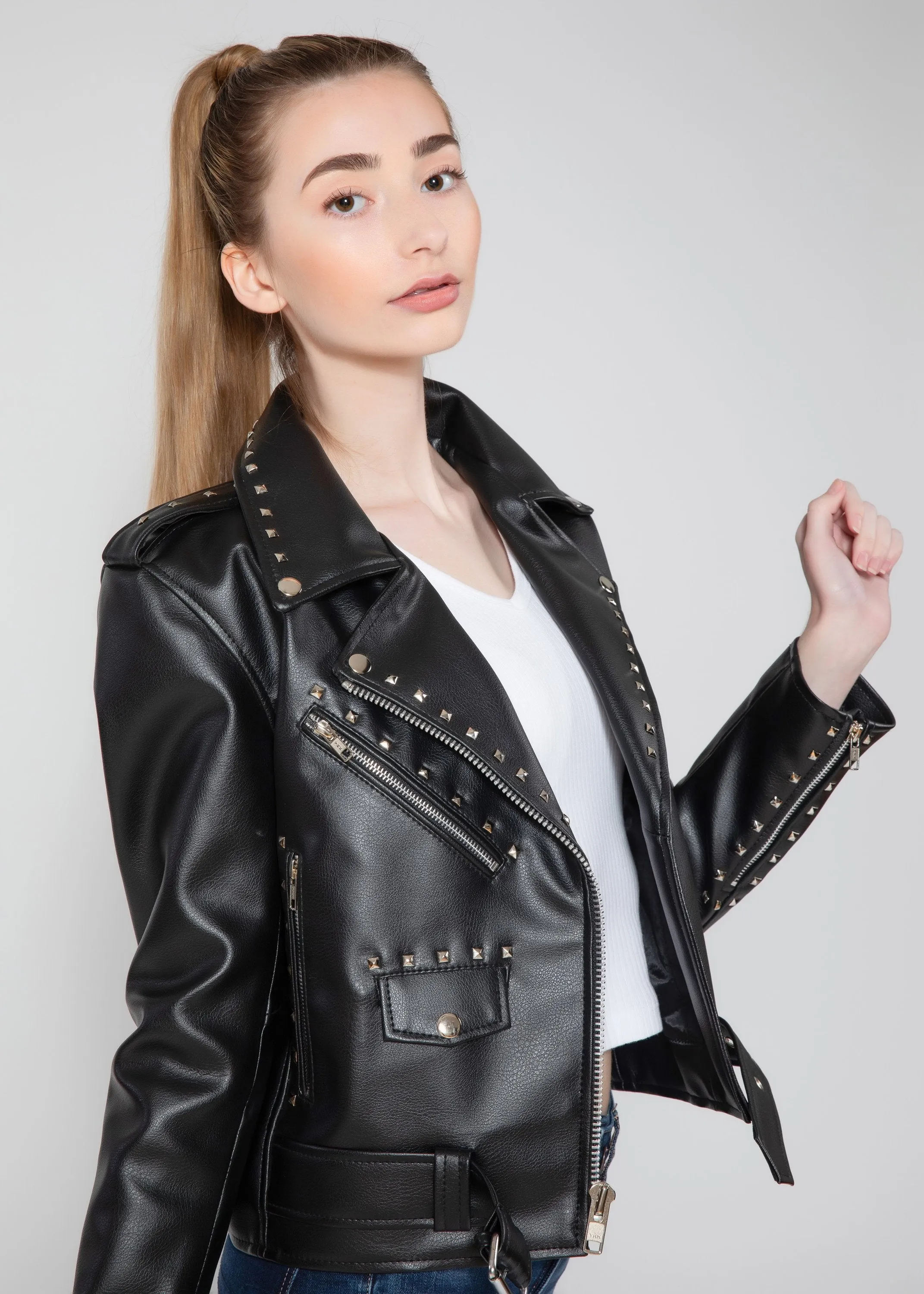 Women's Vegan Square Studded Black Moto Style Faux Leather Jacket