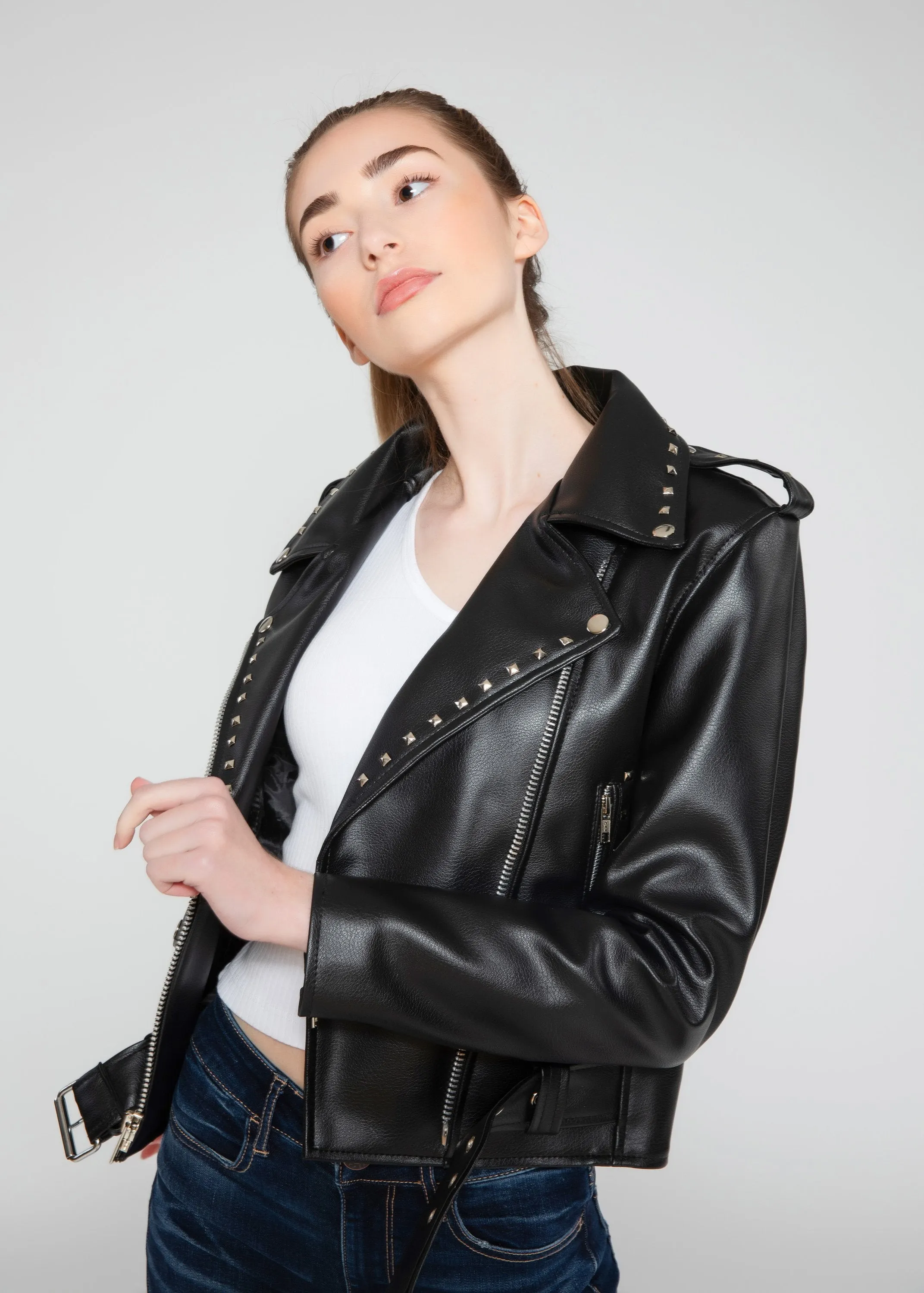 Women's Vegan Square Studded Black Moto Style Faux Leather Jacket