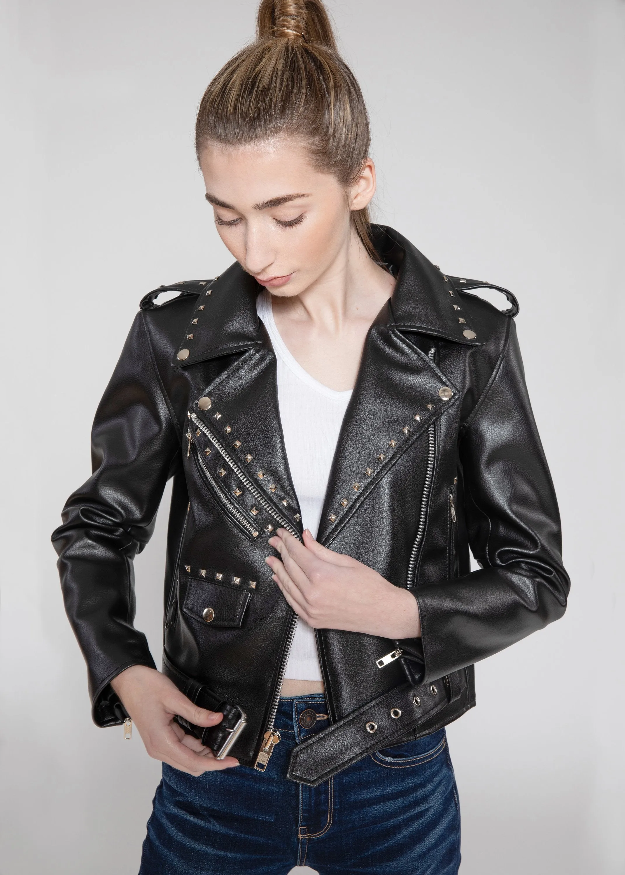 Women's Vegan Square Studded Black Moto Style Faux Leather Jacket