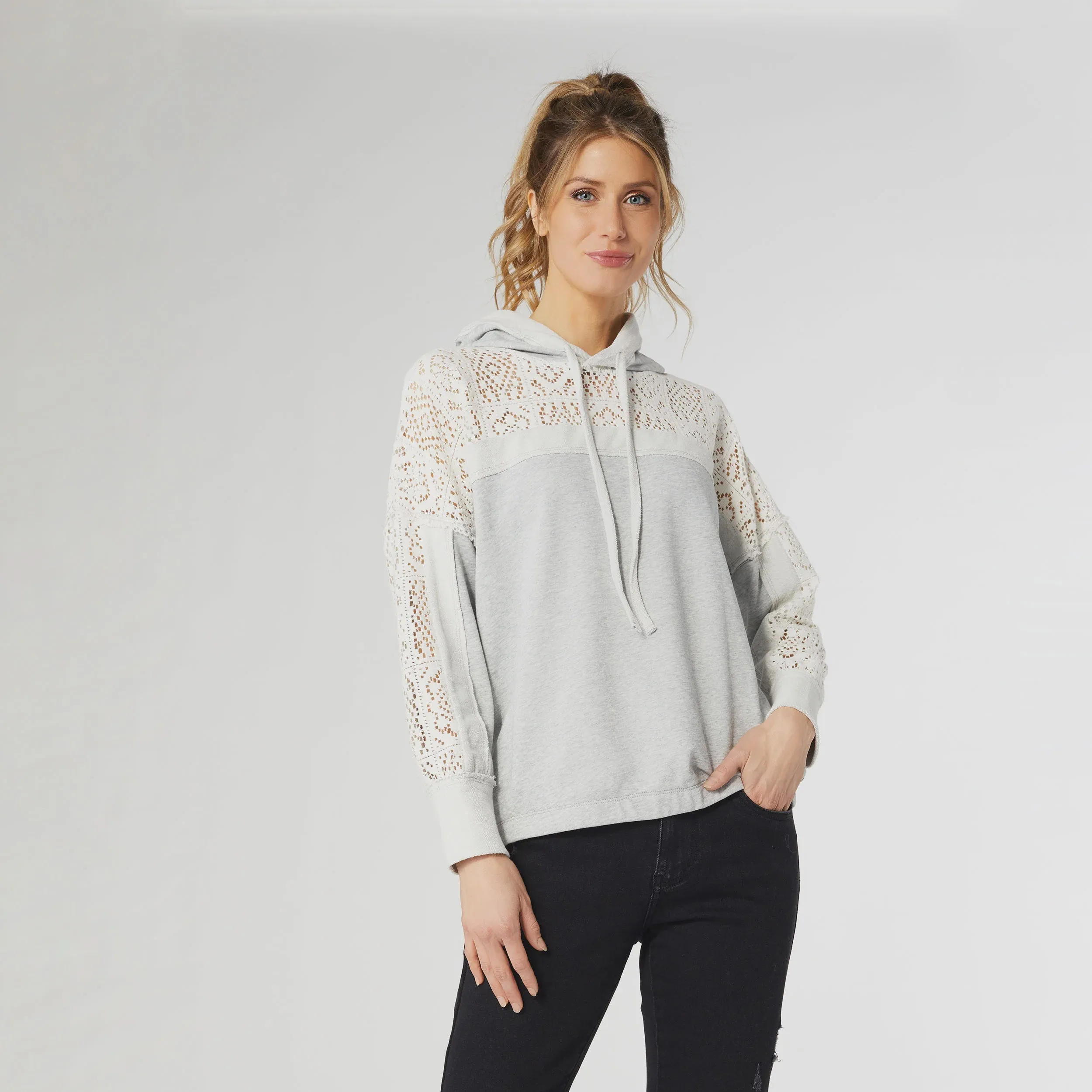 Wynter Hooded Sweatshirt with Lace Panels | Heather Grey/Ivory